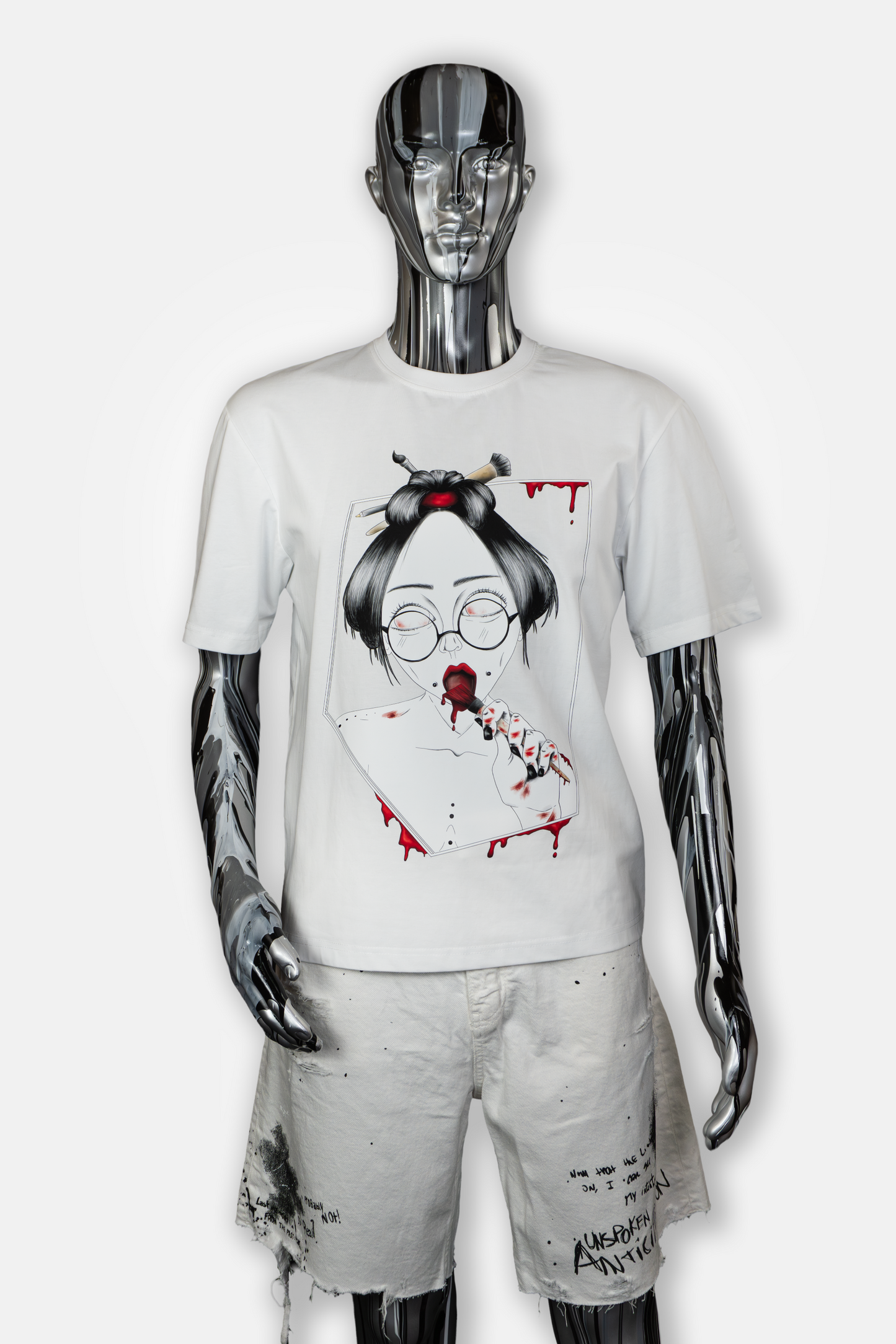 Male mannequin wearing Painted in Red men's graphic white t-shirt