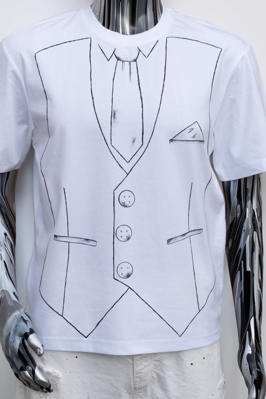 White t-shirt for men with black line drawing of a suit and tie on a white background