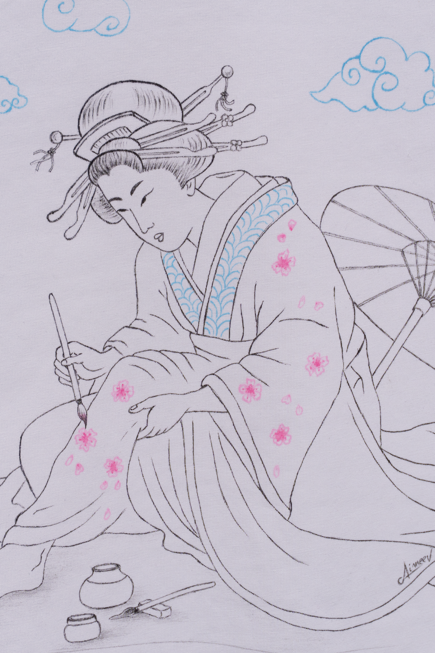Details of - White tshirt with hand painted japanese style geisha painting cherry blossom on her kimono, an umbrella behind her and clouds on top. Ukiyo-e style art.