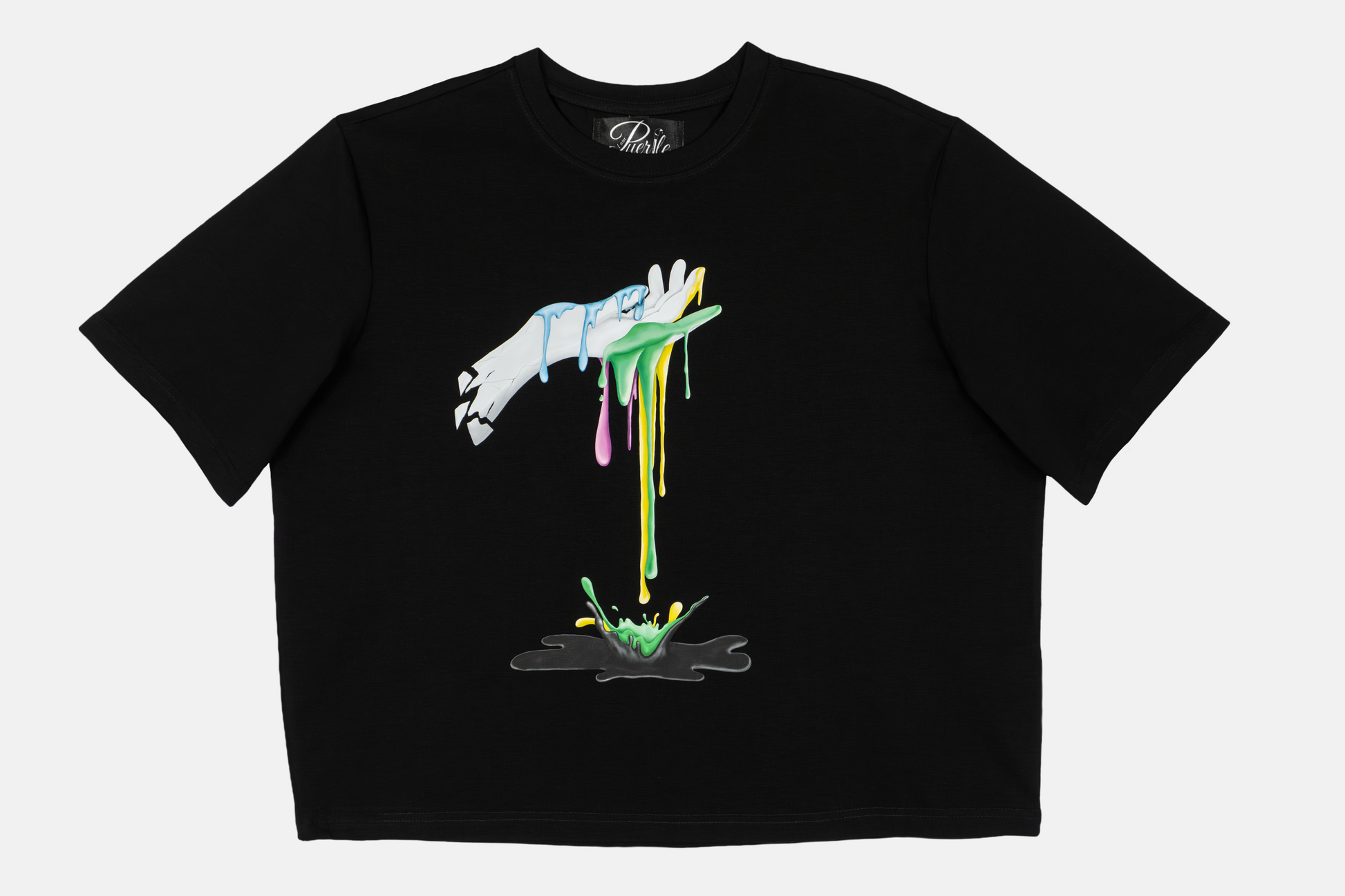 Dripping Paint black Tee showing hand drawn intricate design