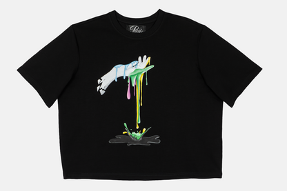 Dripping Paint black Tee showing hand drawn intricate design