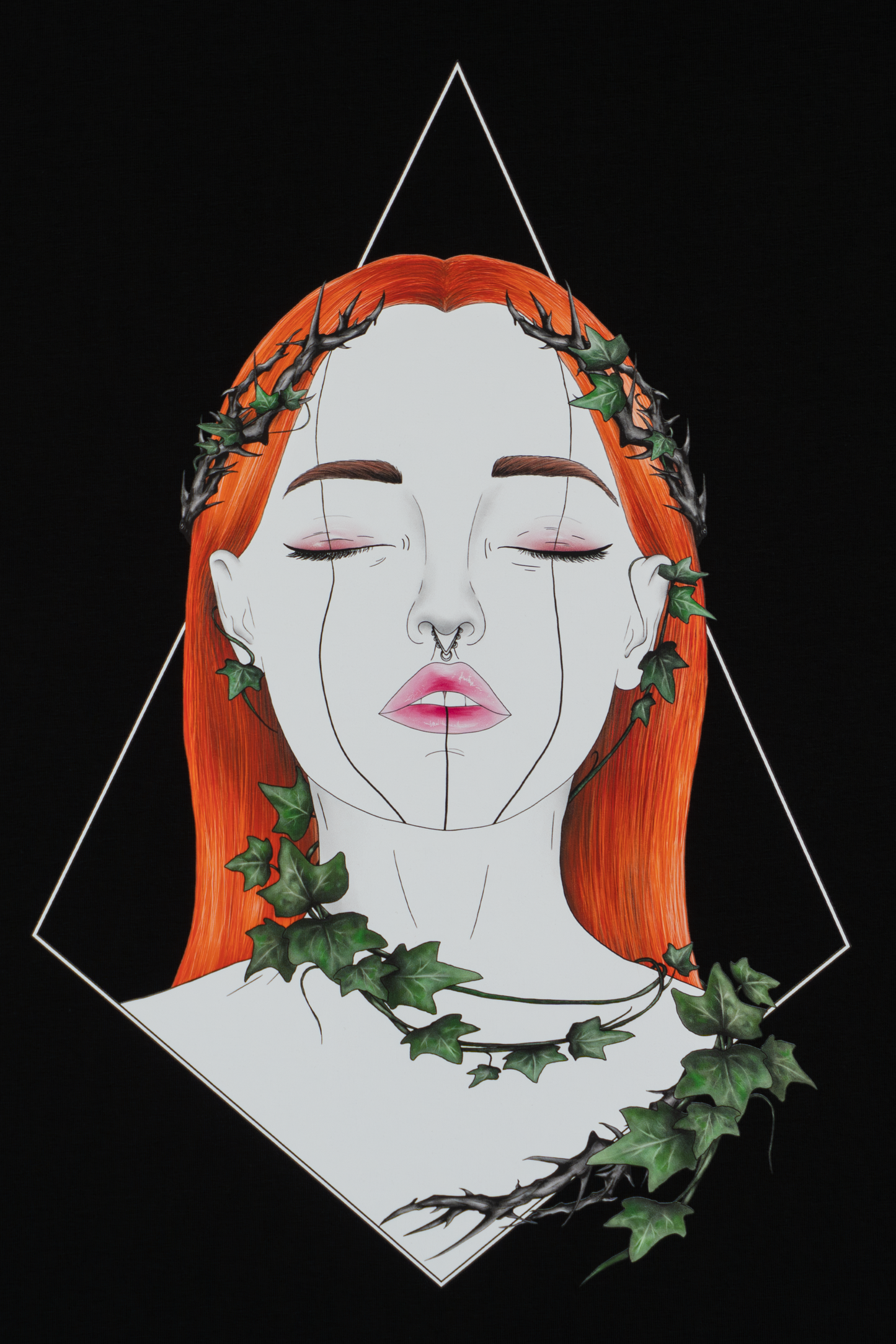 Close up of Tangled Ivy intricate foliage design on black T-shirt