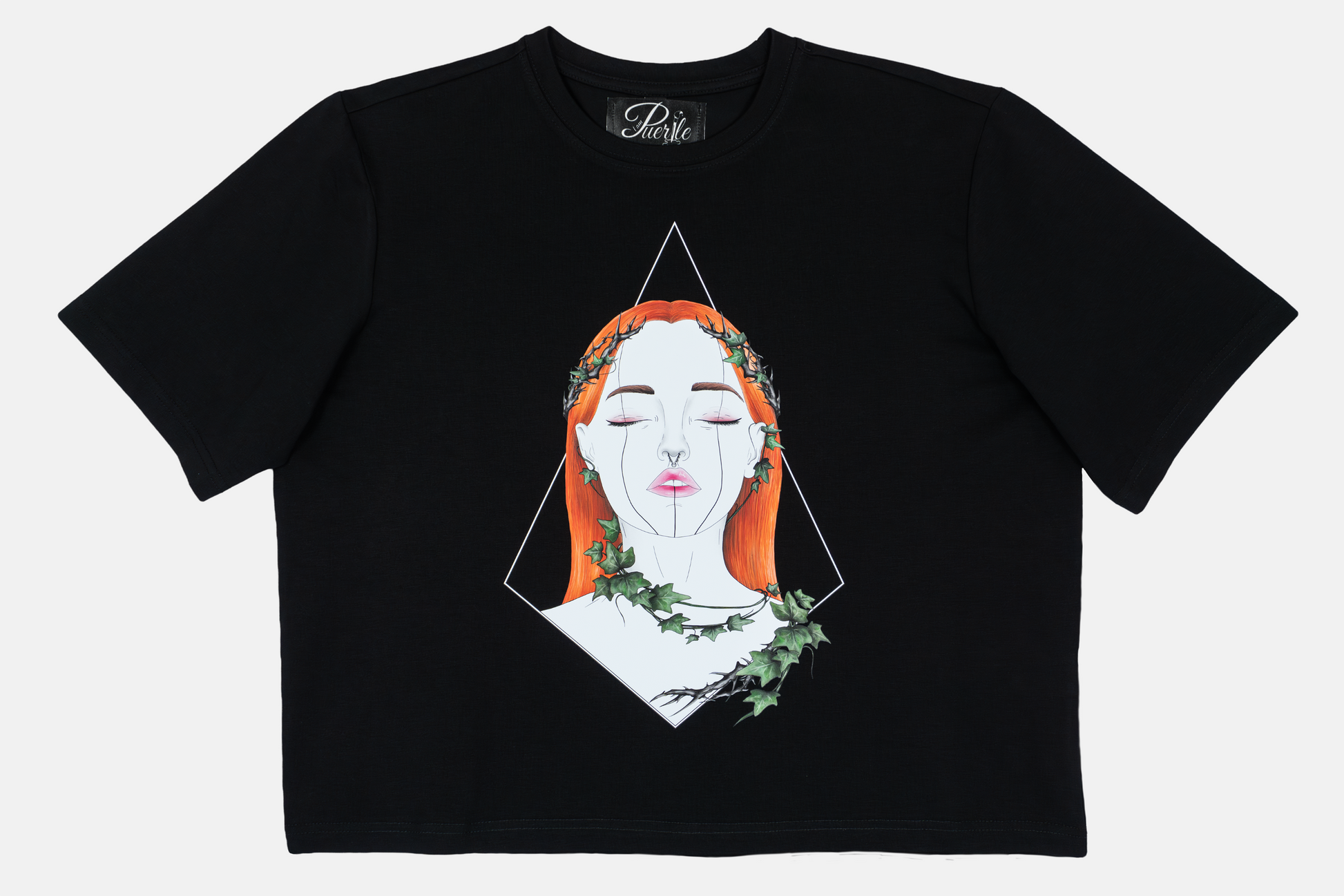 Tangled Ivy women's black t-shirt featuring hand-drawn nature-inspired ivy patterns