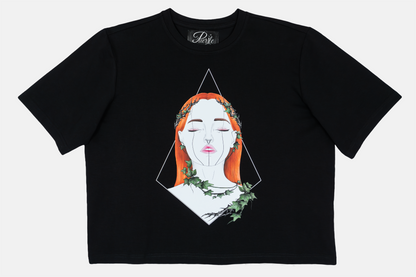Tangled Ivy women's black t-shirt featuring hand-drawn nature-inspired ivy patterns