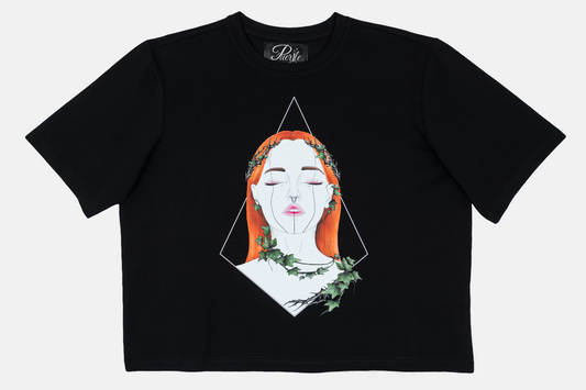 Tangled Ivy women's black t-shirt featuring hand-drawn nature-inspired ivy patterns