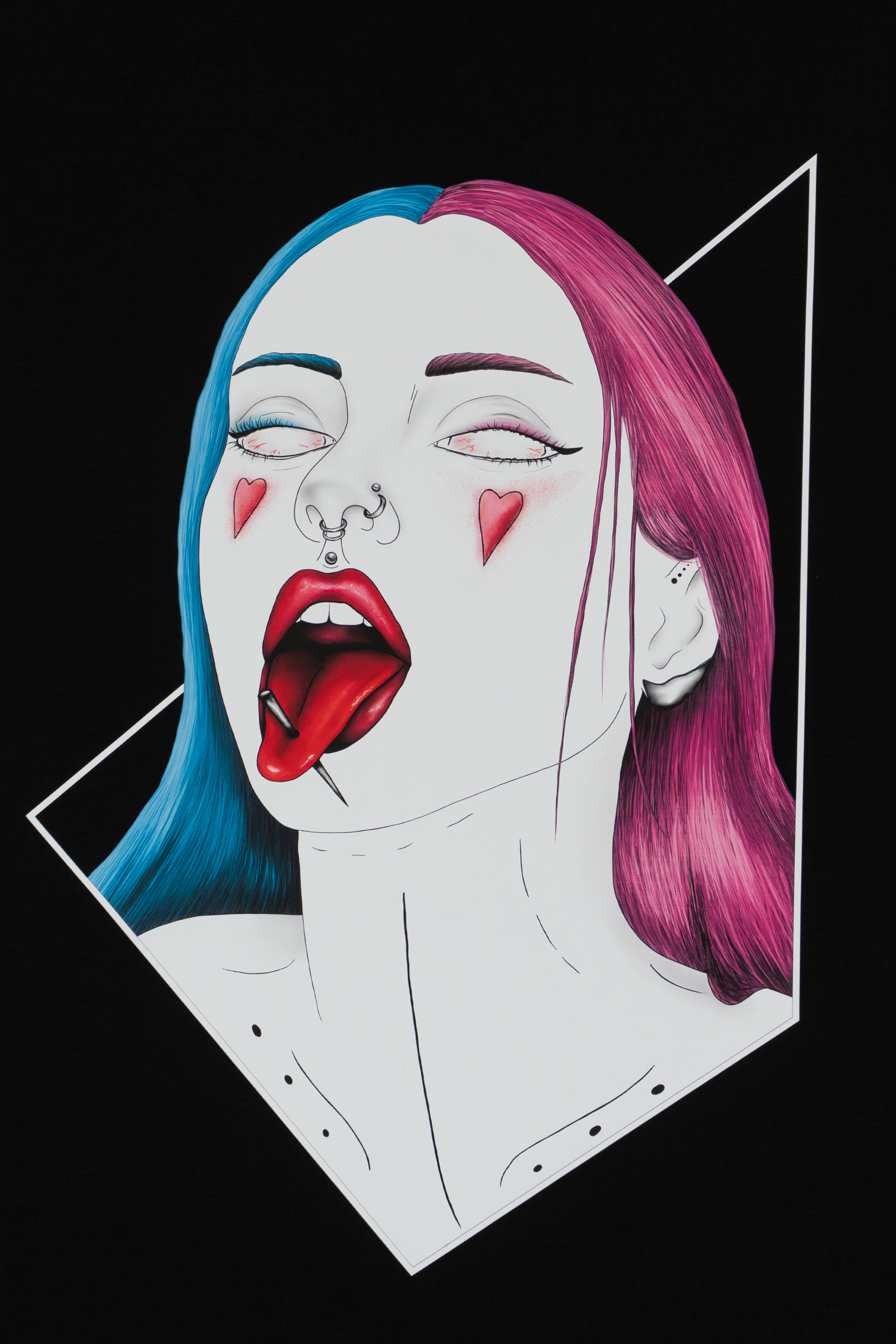 Close-up of Pair of Hearts artwork on black T-shirt