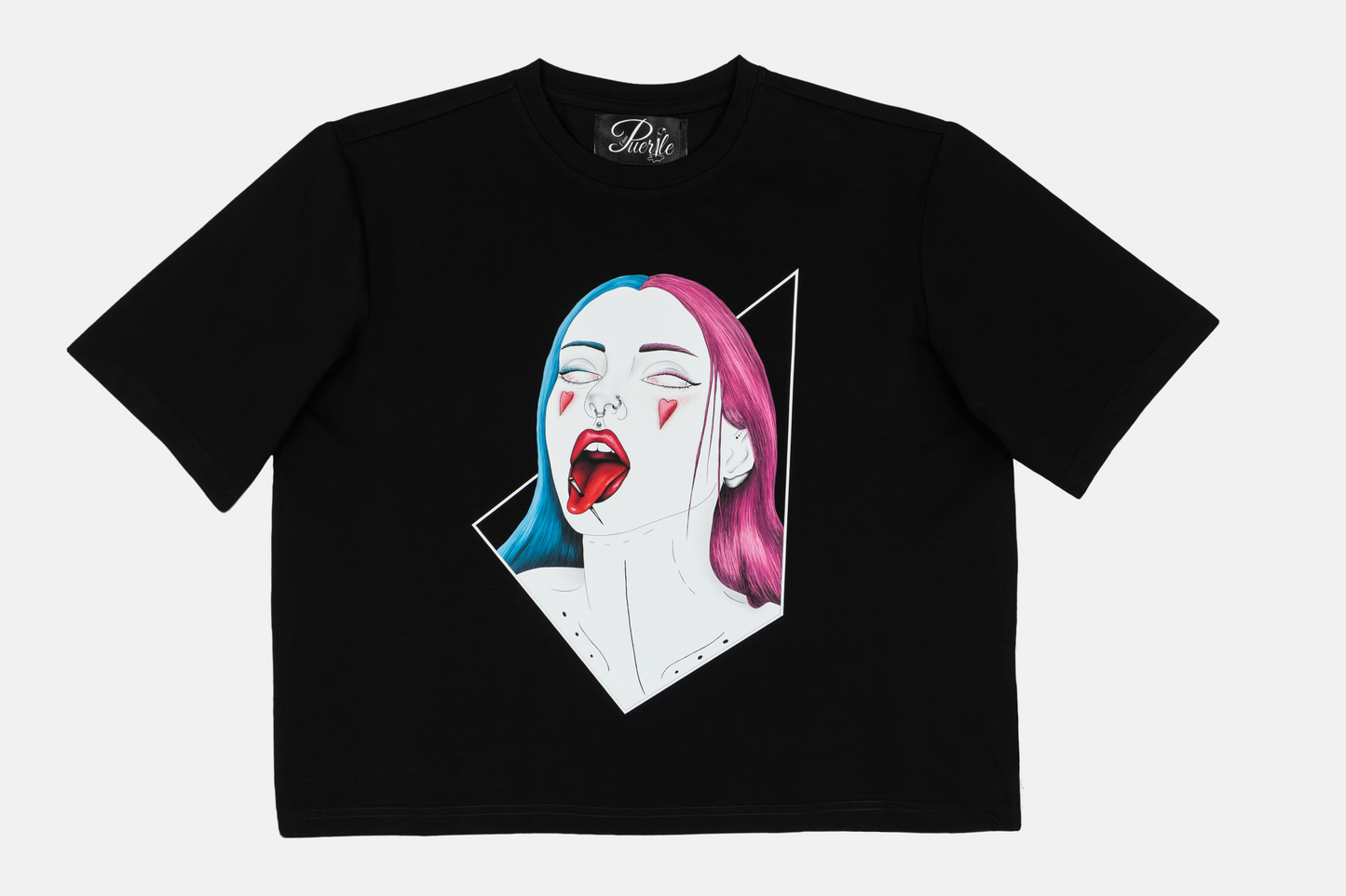 Pair of Hearts women's black graphic tee with hand-drawn