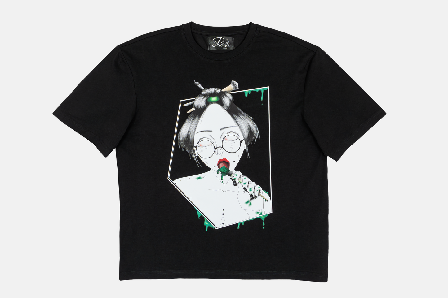 Painted in Green men's black t-shirt with bold green hand-drawn brushstrokes
