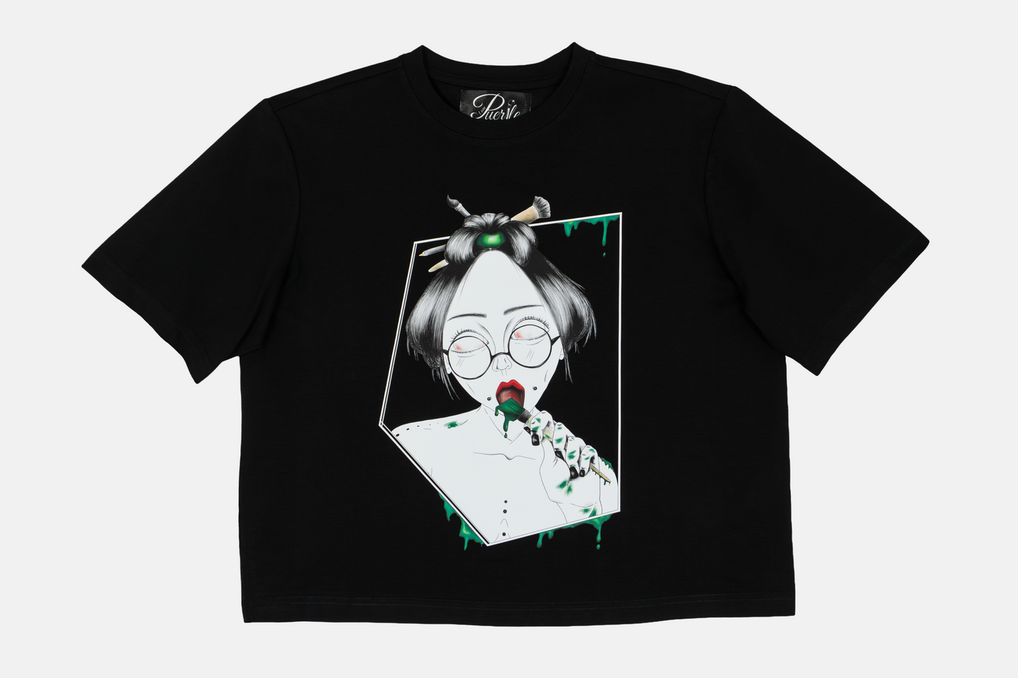 Painted in Green women's graphic black t-shirt with hand-drawn line art 