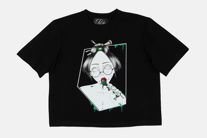 Painted in Green women's graphic black t-shirt with hand-drawn line art 