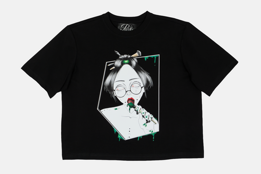 Painted in Green women's graphic black t-shirt with hand-drawn line art 