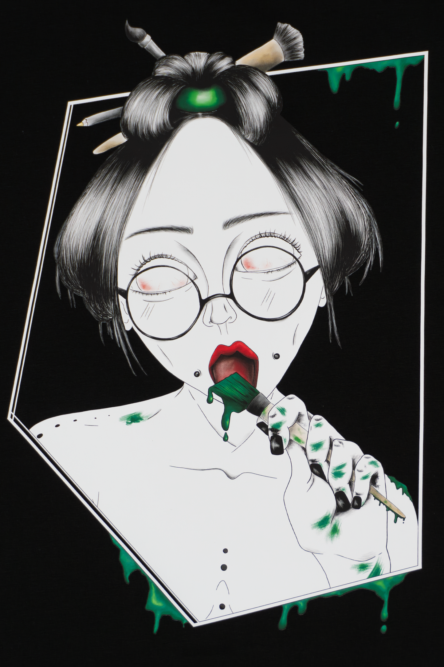 Close-up of Painted in Green design on black T-shirt showing expressive green brushstrokes and line work