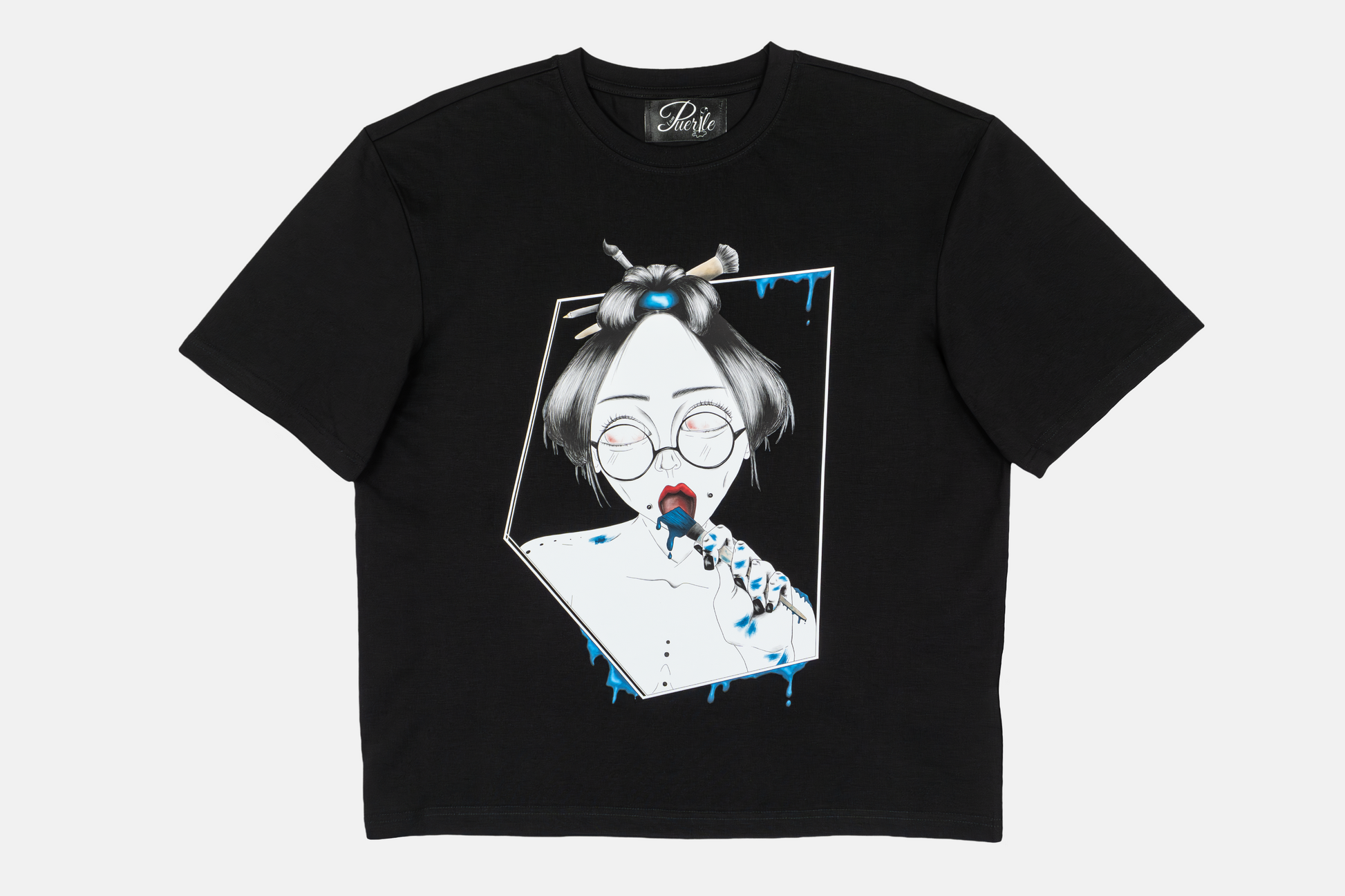 Painted in Blue men's graphic black t-shirt - hand drawn design