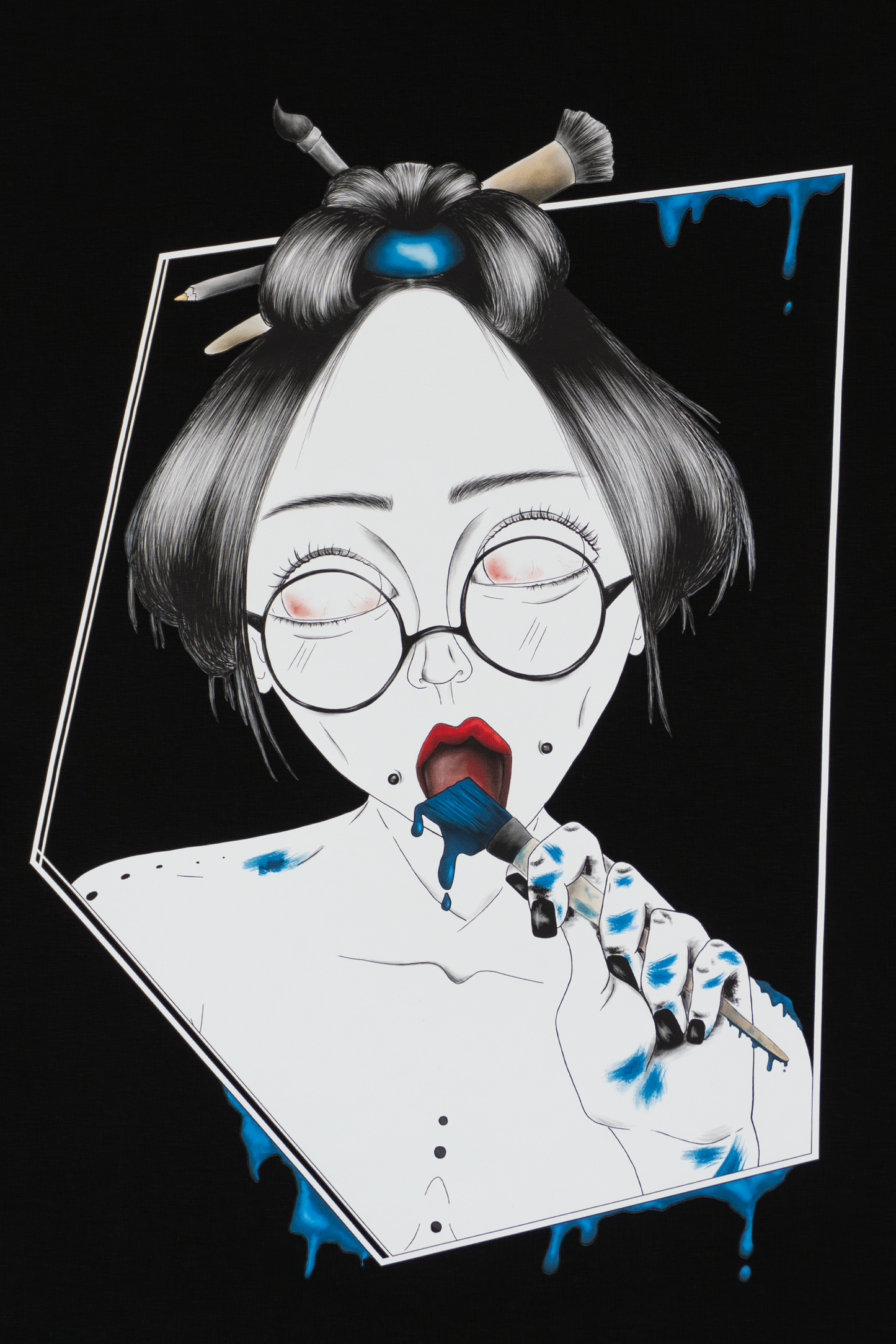 Close-up of Painted in Blue design on black T-shirt showing expressive blue brushstrokes and line work