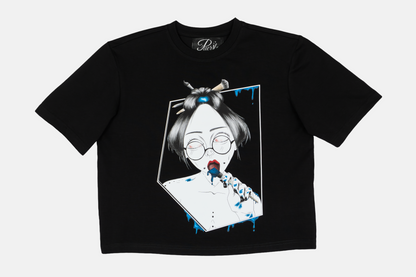 Painted in Blue women's graphic black t-shirt with hand-drawn line art and vibrant blue