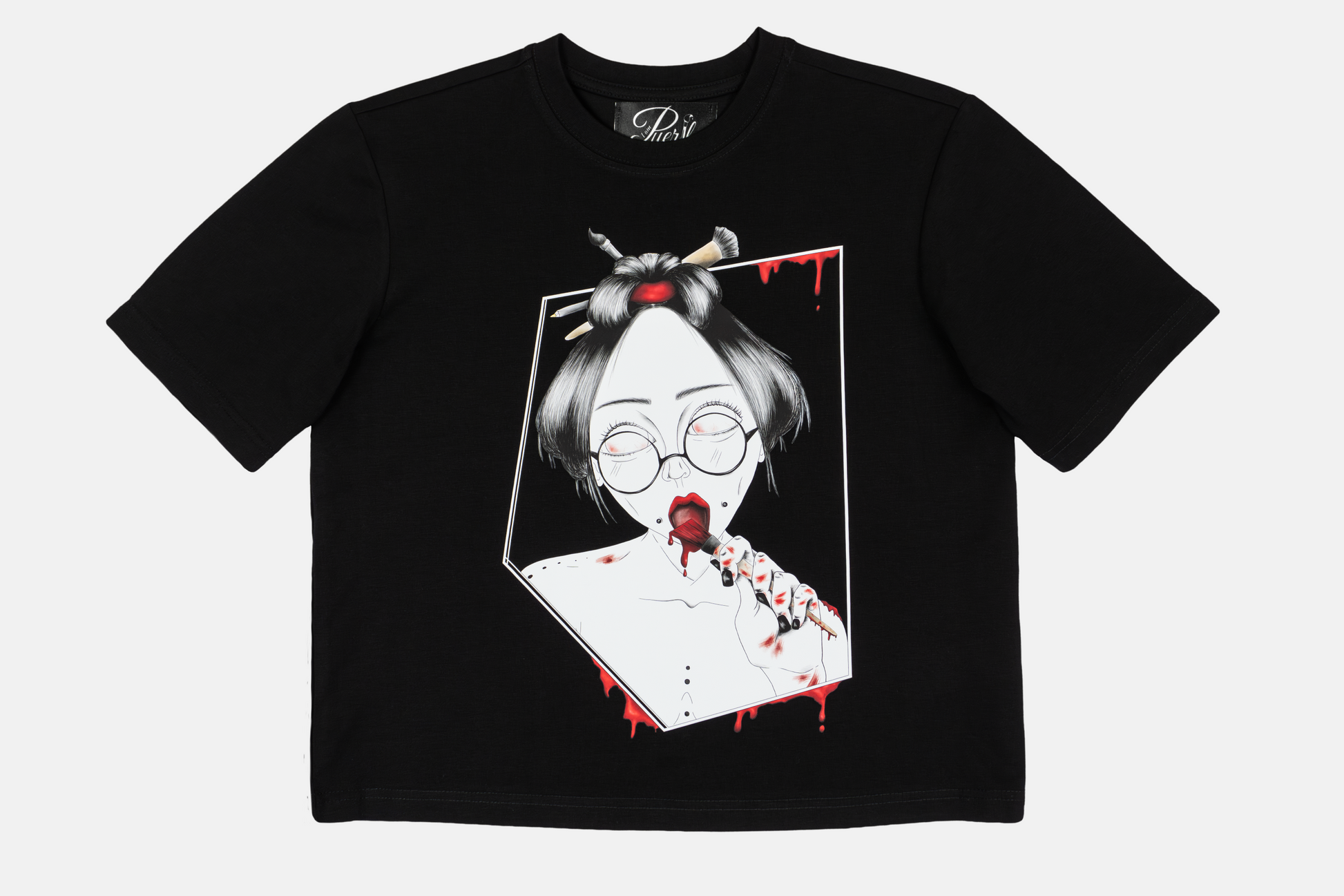 Painted in Red women's graphic black t-shirt with hand-drawn line art and vibrant red