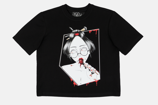 Painted in Red women's graphic black t-shirt with hand-drawn line art and vibrant red