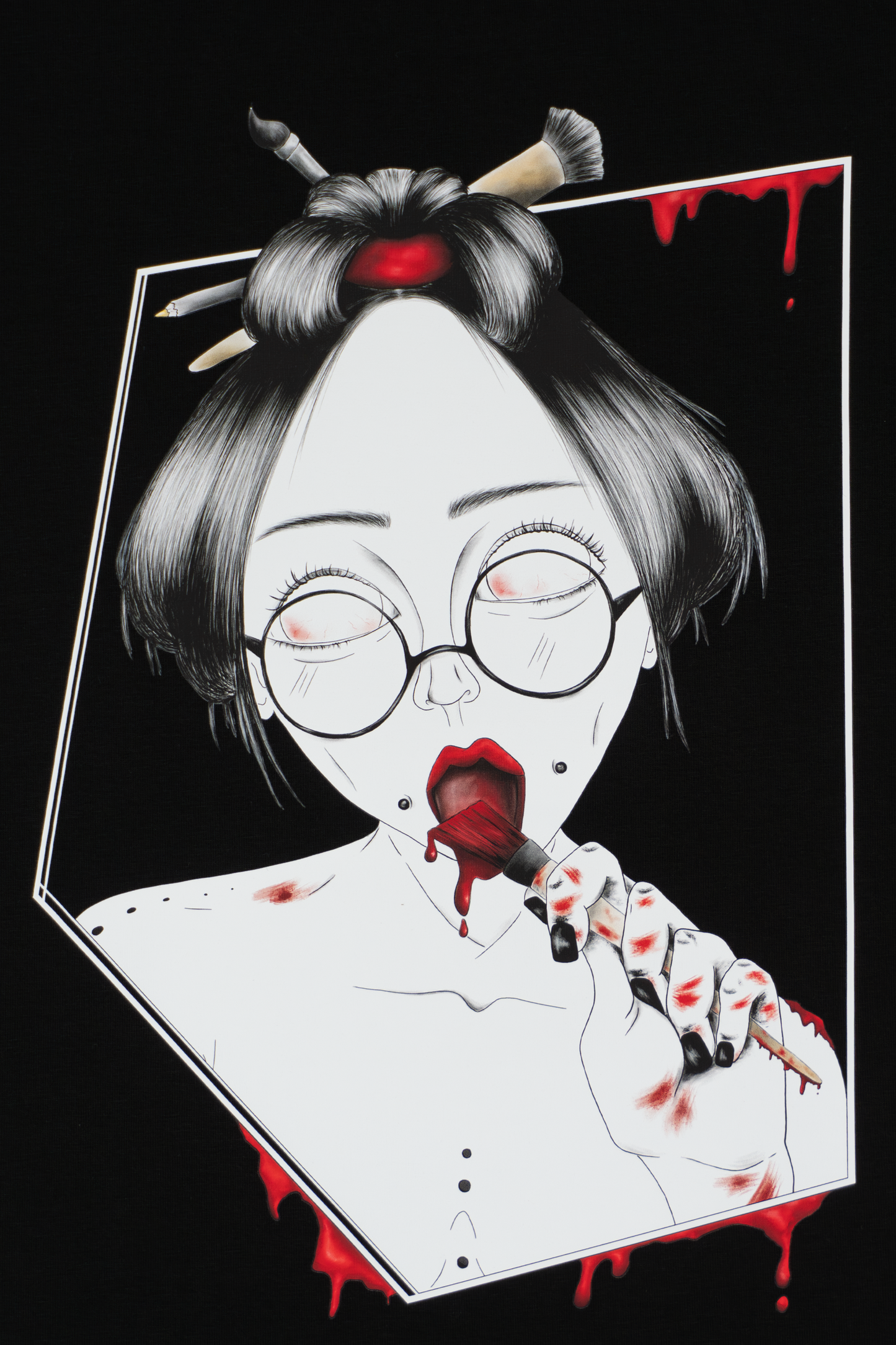 Close-up of Painted in Red design on black T-shirt showing expressive red brushstrokes and line work