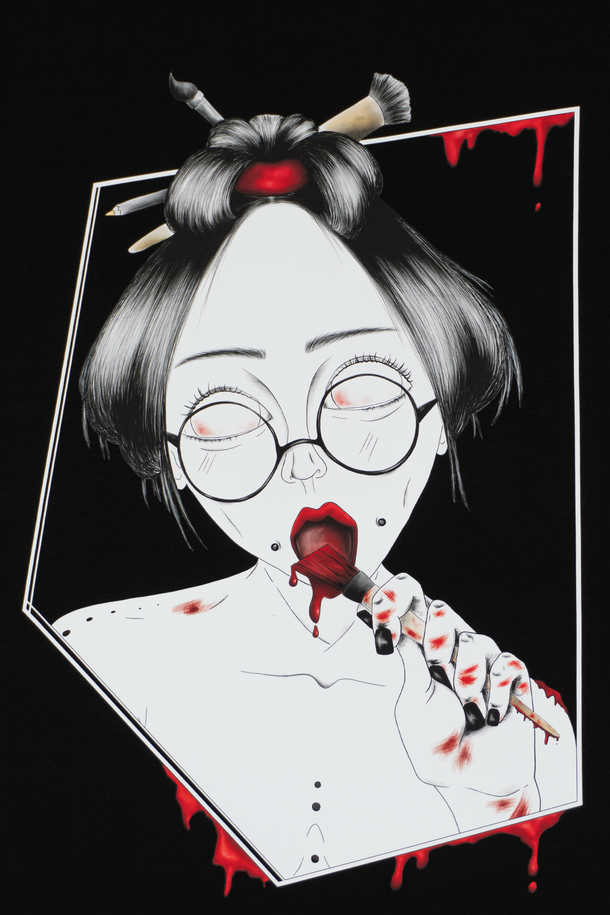 Close-up of Painted in Red design on black T-shirt showing expressive red brushstrokes and line work