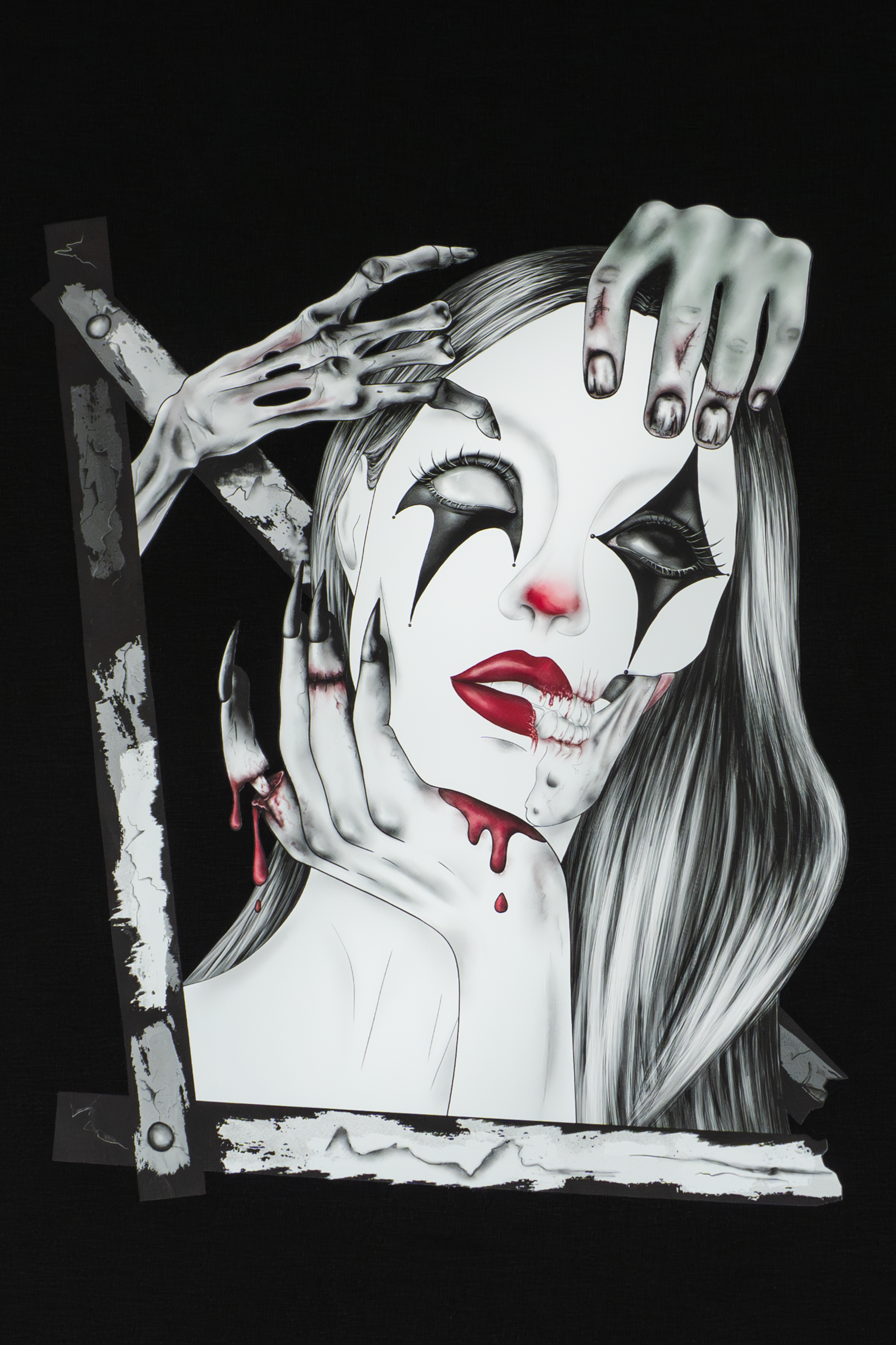 Detail of Trapped in the Darkness design featuring dark artistic elements on black tee