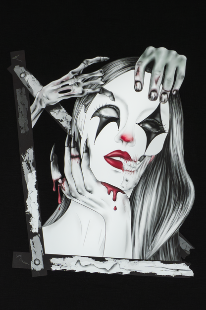 Detail of Trapped in the Darkness design featuring dark artistic elements on black tee