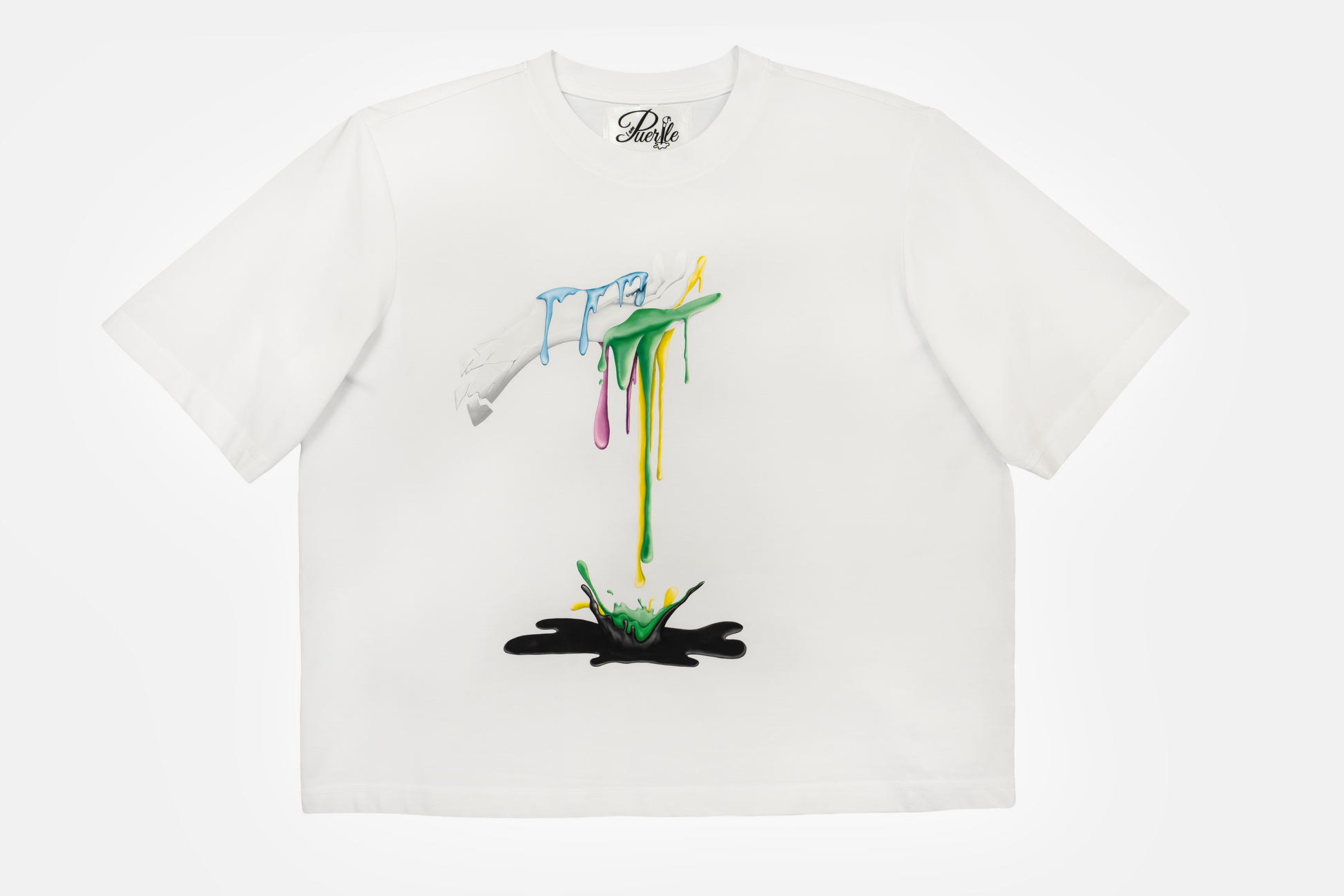 Dripping Paint white Tee showing hand drawn intricate design