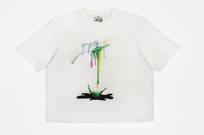 Dripping Paint white Tee showing hand drawn intricate design