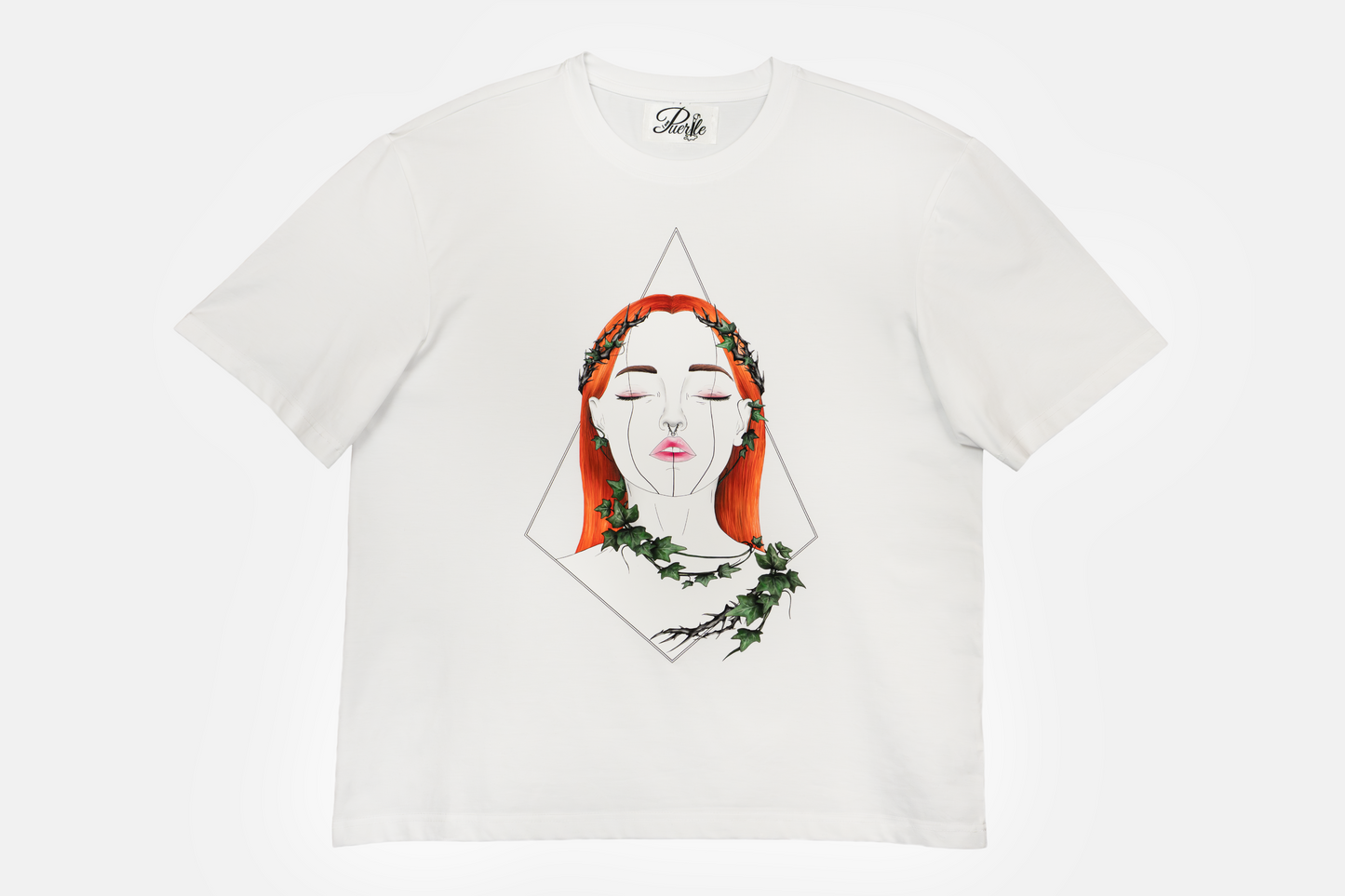 Tangled Ivy men's white tee with hand-drawn nature-inspired ivy patterns