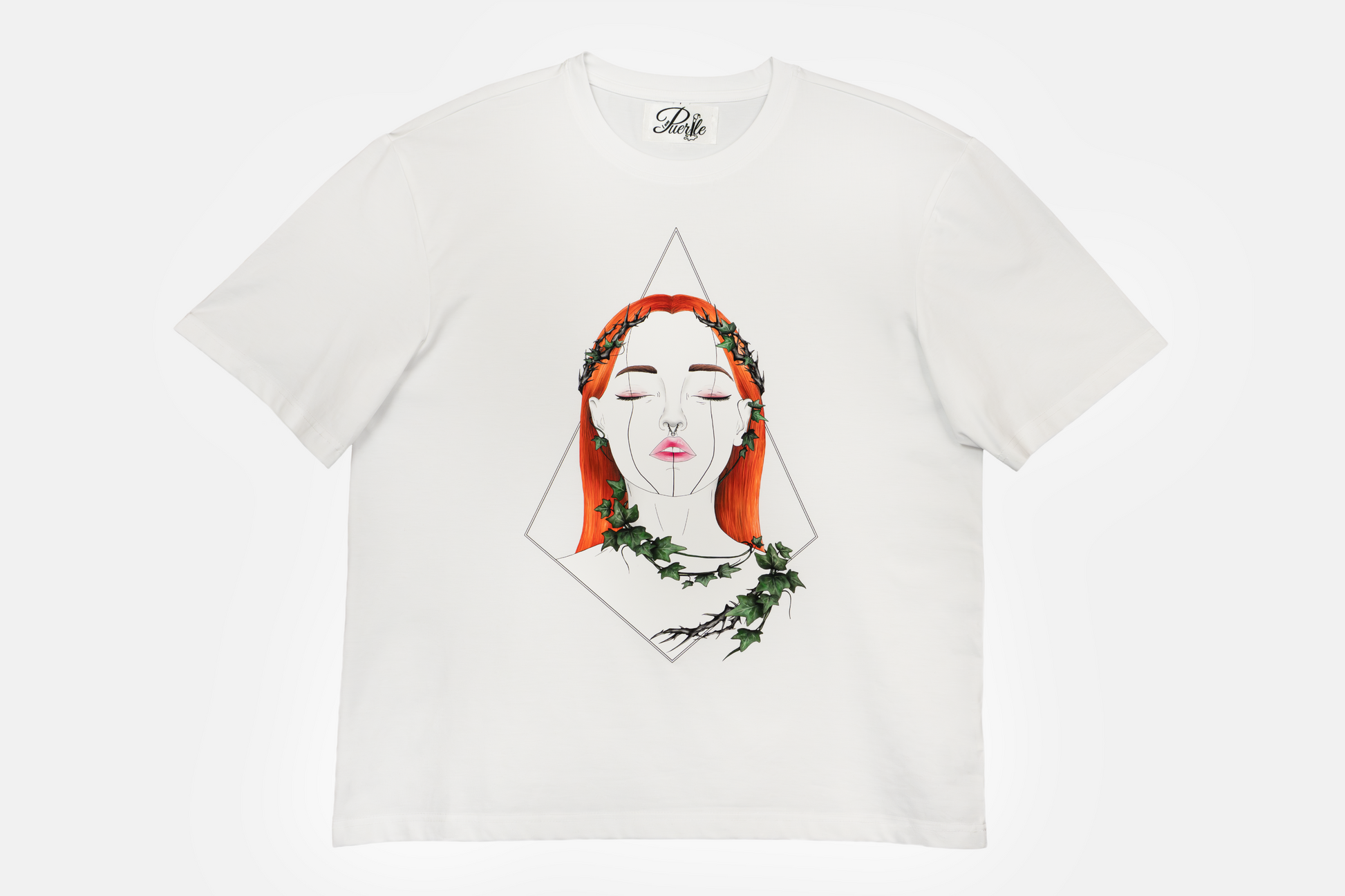 Tangled Ivy men's white tee with hand-drawn nature-inspired ivy patterns