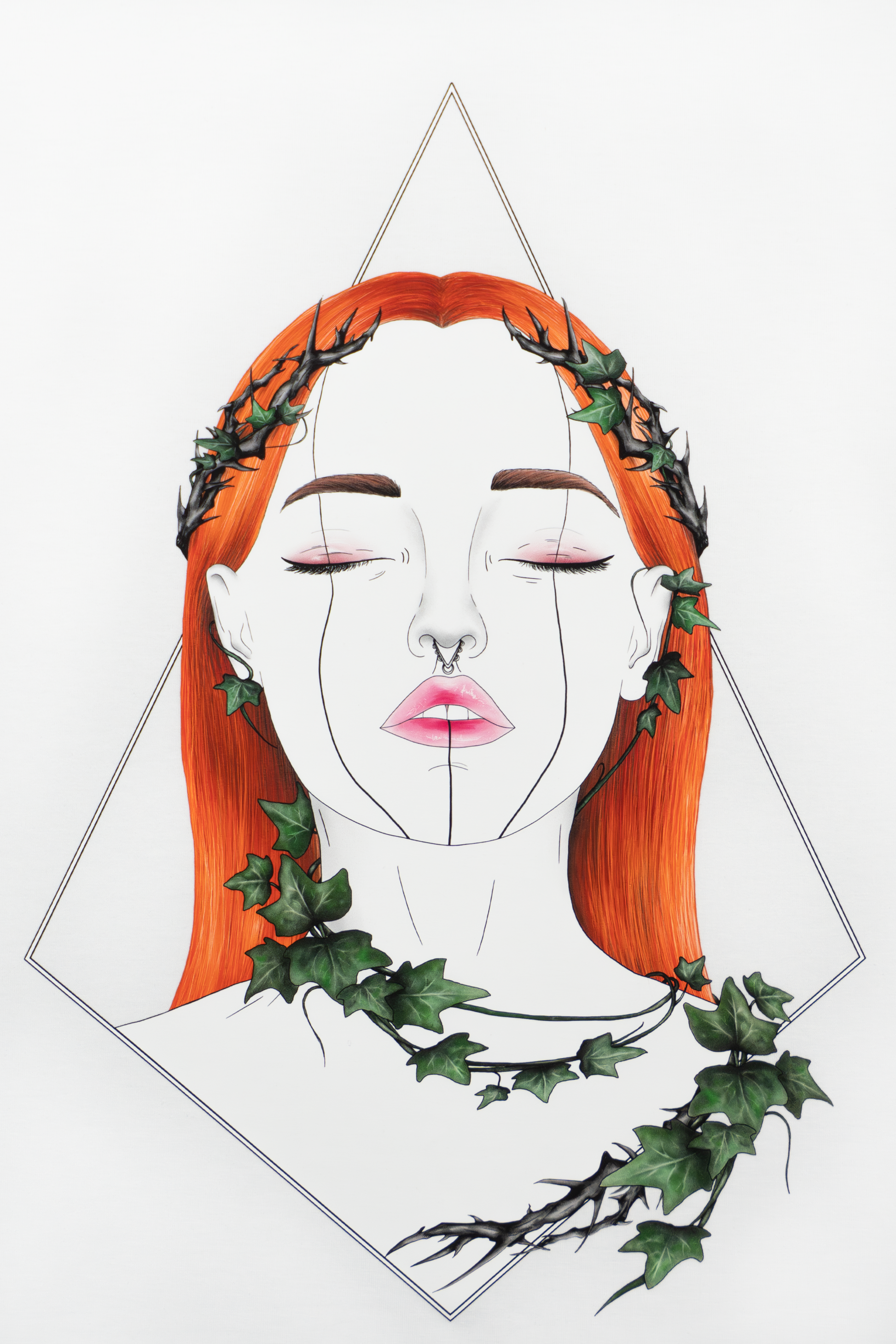 Close up of Tangled Ivy intricate foliage design on white T-shirt