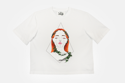 Tangled Ivy women's white t-shirt featuring hand-drawn nature-inspired ivy patterns