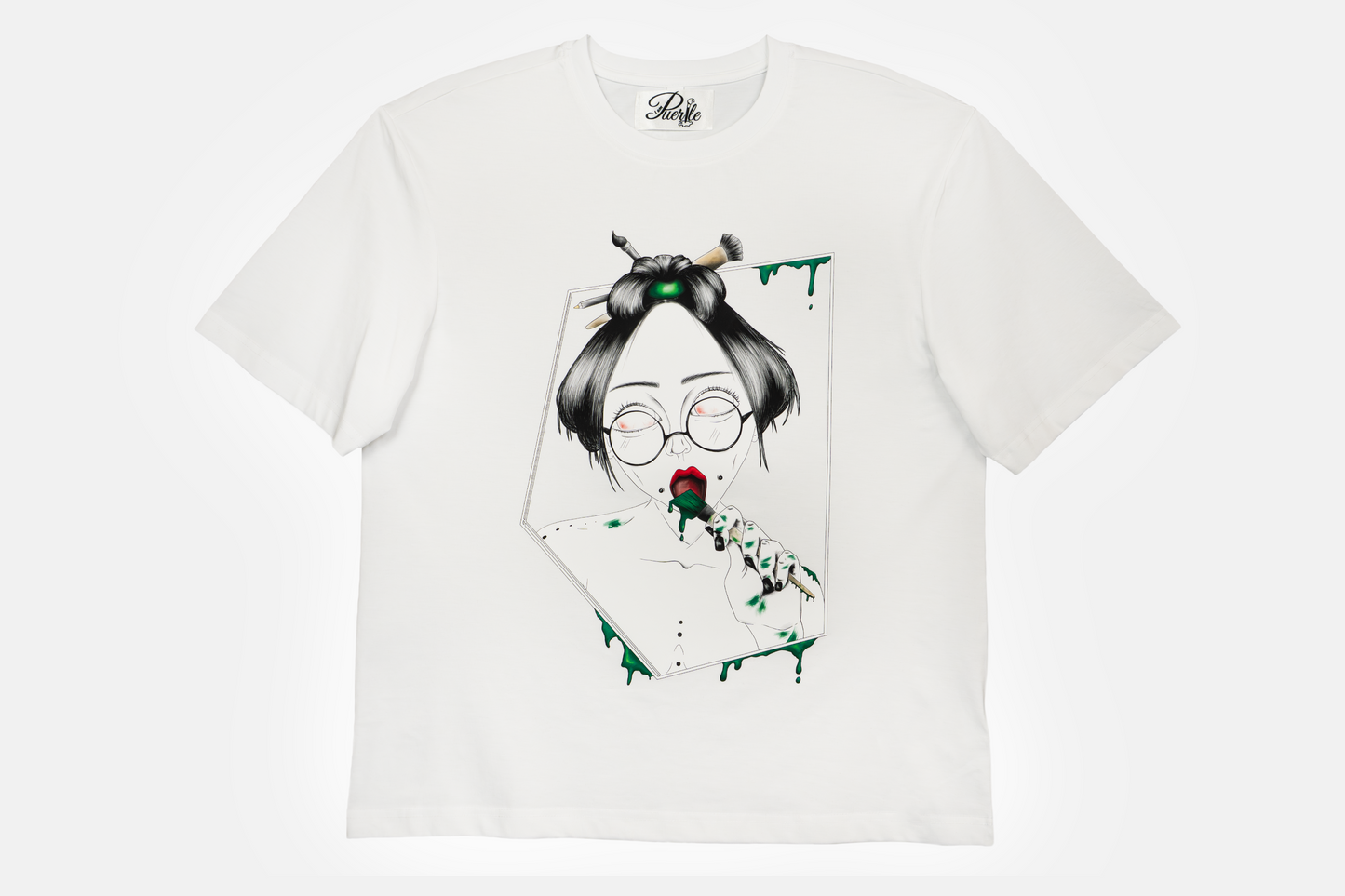 Painted in Green men's white t-shirt with bold green hand-drawn brushstrokes