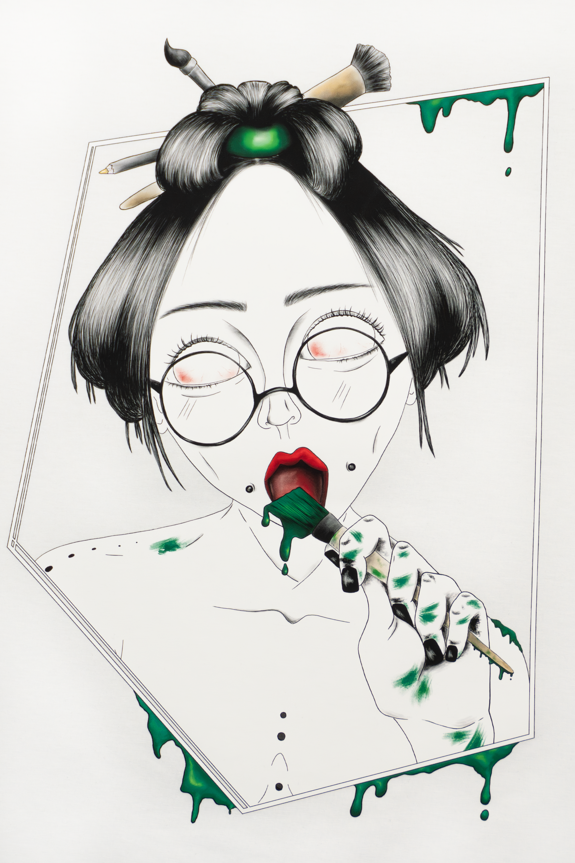 Close-up of Painted in Green design on white T-shirt showing expressive green brushstrokes and line work