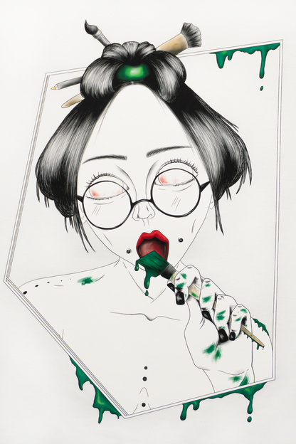 Close-up of Painted in Green design on white T-shirt showing expressive green brushstrokes and line work