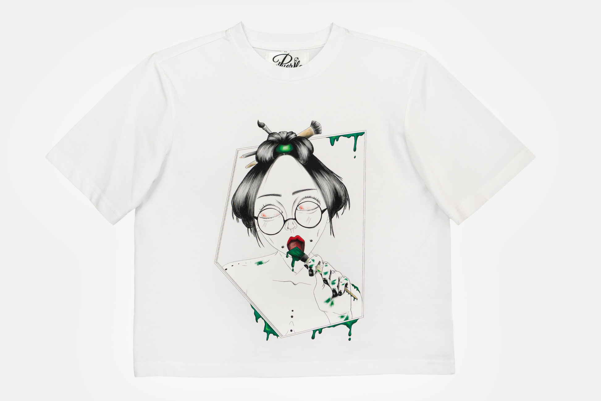 Painted in Green women's graphic white t-shirt with hand-drawn line art 