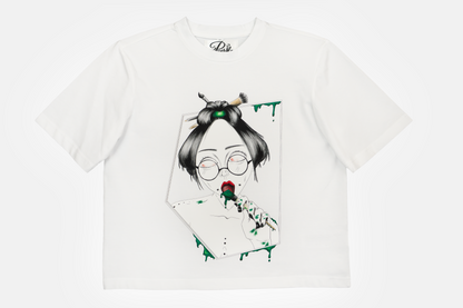 Painted in Green women's graphic white t-shirt with hand-drawn line art 