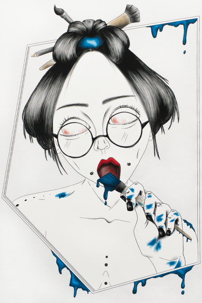 Close-up of Painted in Blue design on white T-shirt showing expressive blue brushstrokes and line work