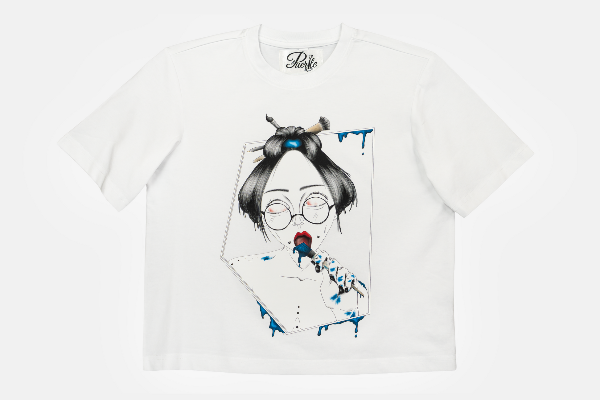 Painted in Blue women's graphic white t-shirt with hand-drawn line art and vibrant blue