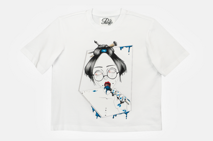 Painted in Blue women's graphic white t-shirt with hand-drawn line art and vibrant blue