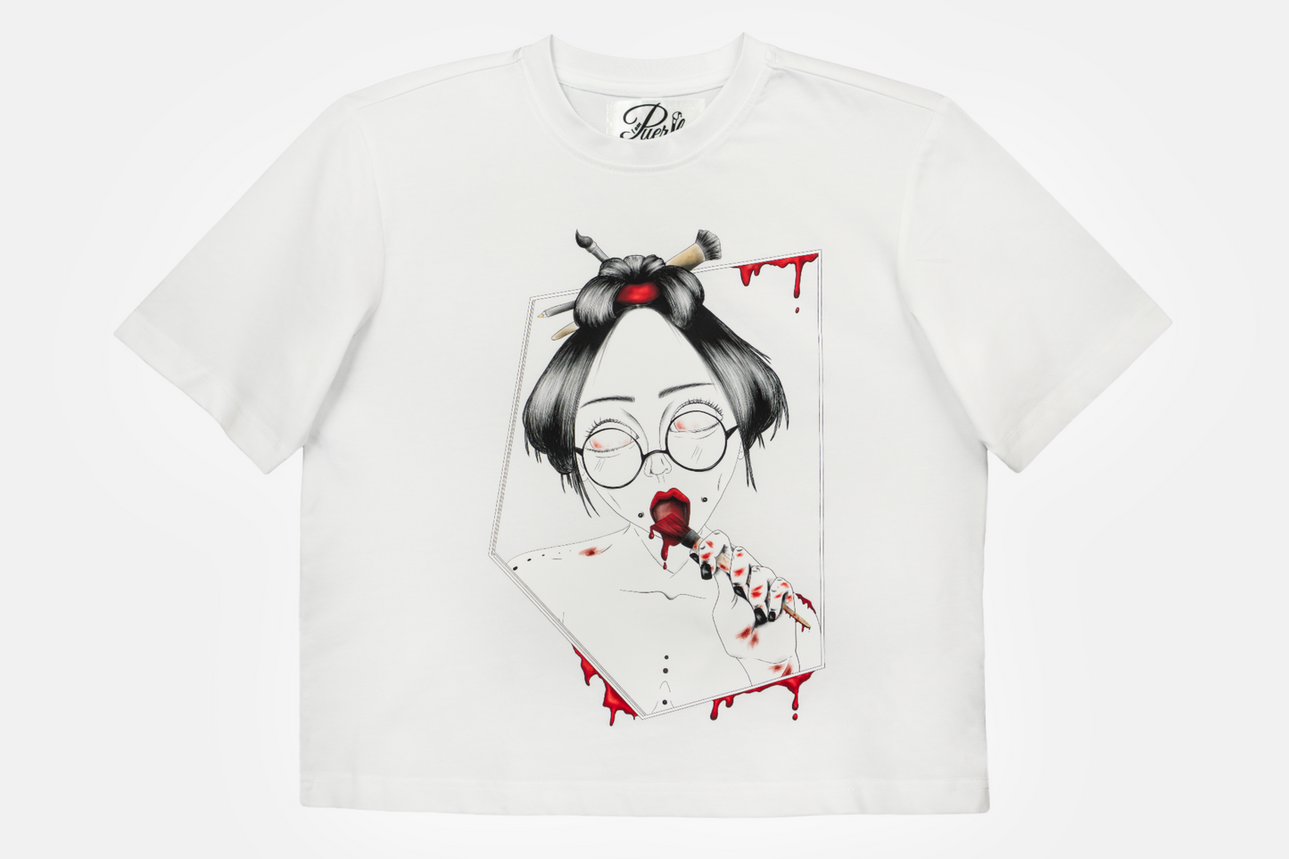 Painted in Red women's graphic white t-shirt with hand-drawn line art and vibrant red