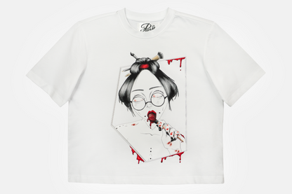 Painted in Red women's graphic white t-shirt with hand-drawn line art and vibrant red