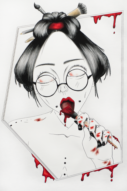 Close-up of Painted in Red design on white T-shirt showing expressive red brushstrokes and line work