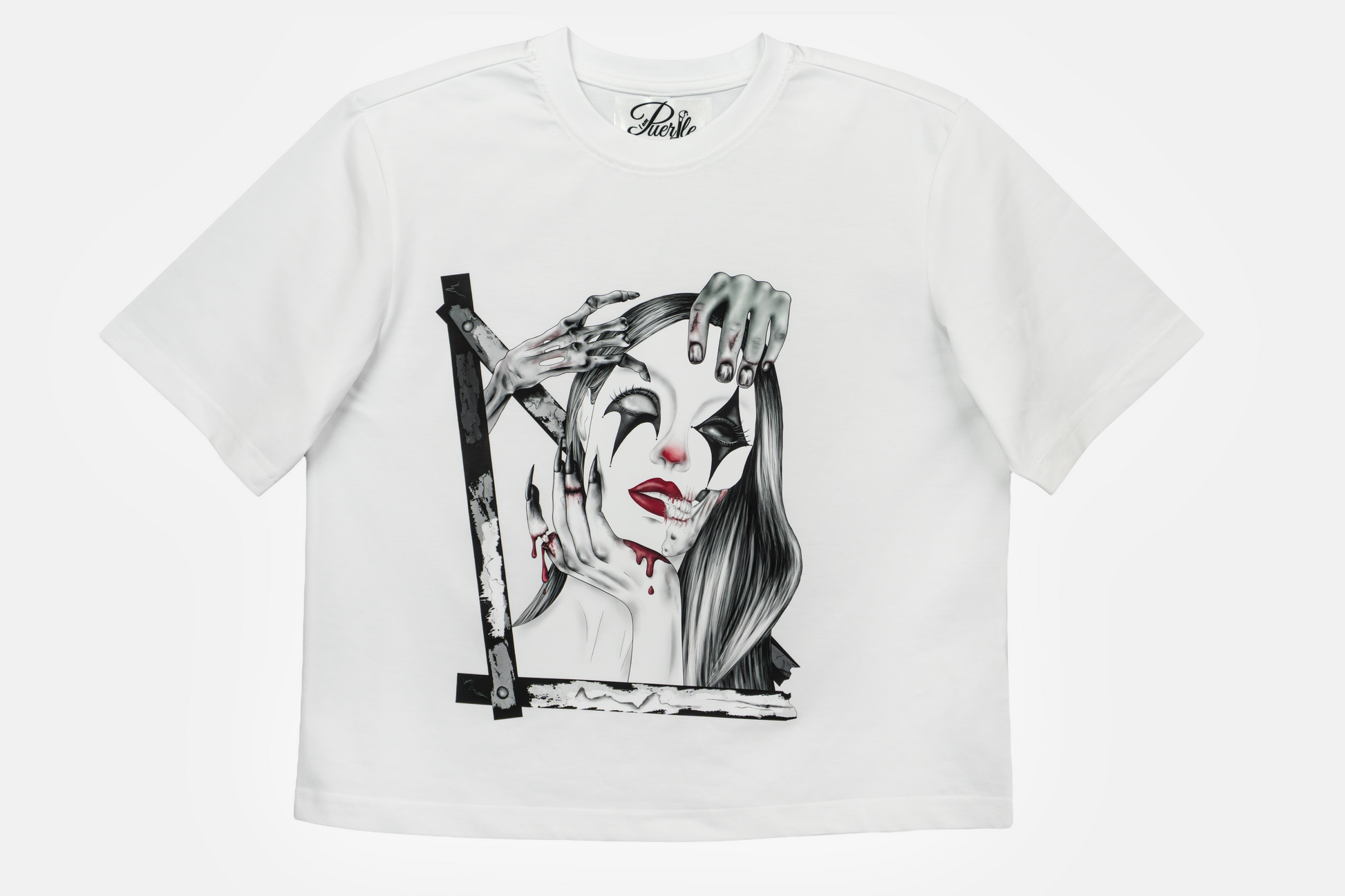 Trapped in the Darkness women's white graphic tee with mysterious hand-drawn artwork