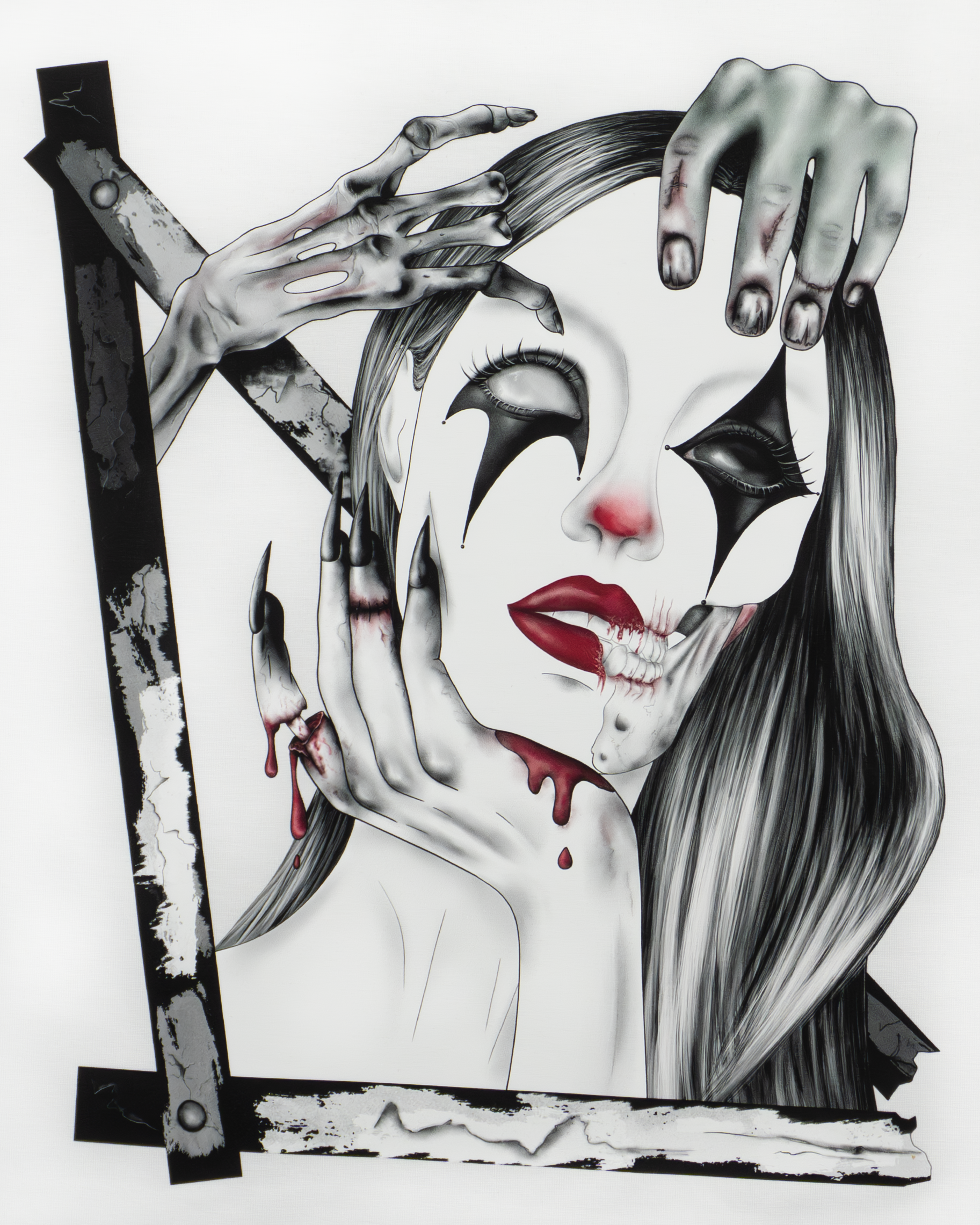 Detail of Trapped in the Darkness design featuring dark artistic elements on white tee