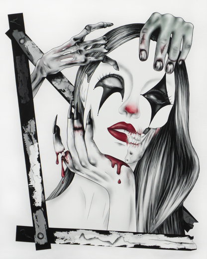 Detail of Trapped in the Darkness design featuring dark artistic elements on white tee