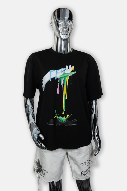 Male mannequin wearing Dripping Paint men's black t-shirt with hand-drawn dripping paint art