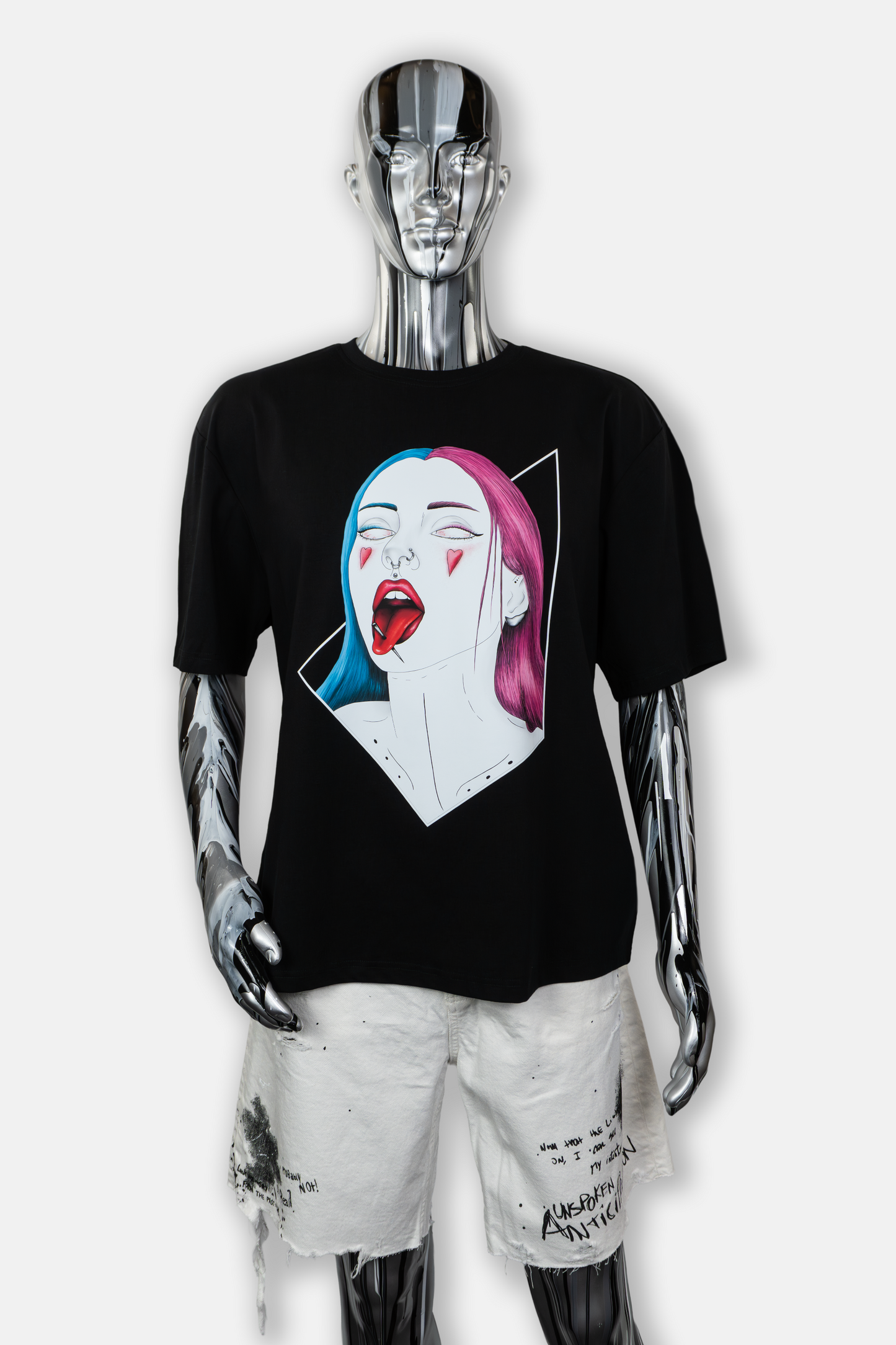 Male mannequin wearing Pair of Hearts men's black tee with hand-drawn design