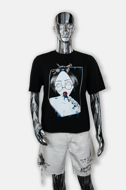 Male mannequin wearing Painted in Blue men's graphic black t-shirt - hand drawn design
