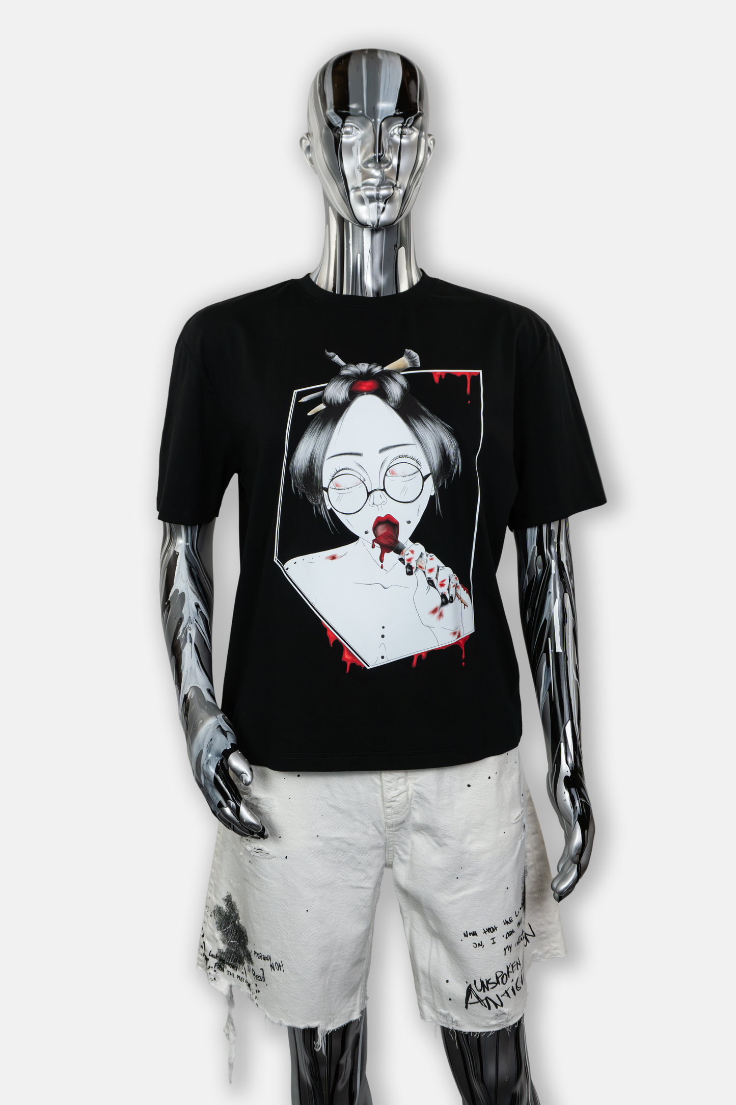 Male mannequin wearing Painted in Red men's graphic black t-shirt 