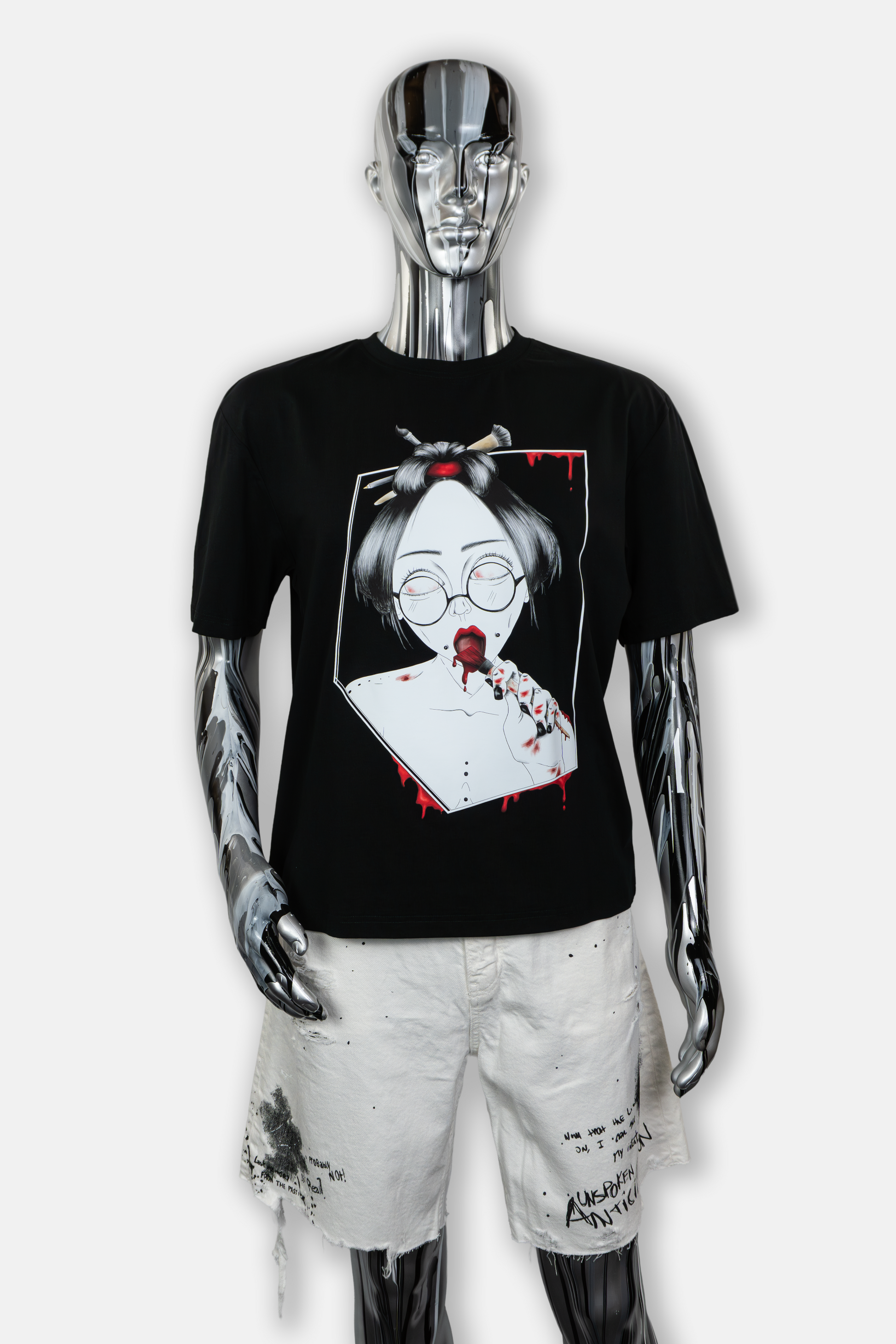 Male mannequin wearing Painted in Red men's graphic black t-shirt 